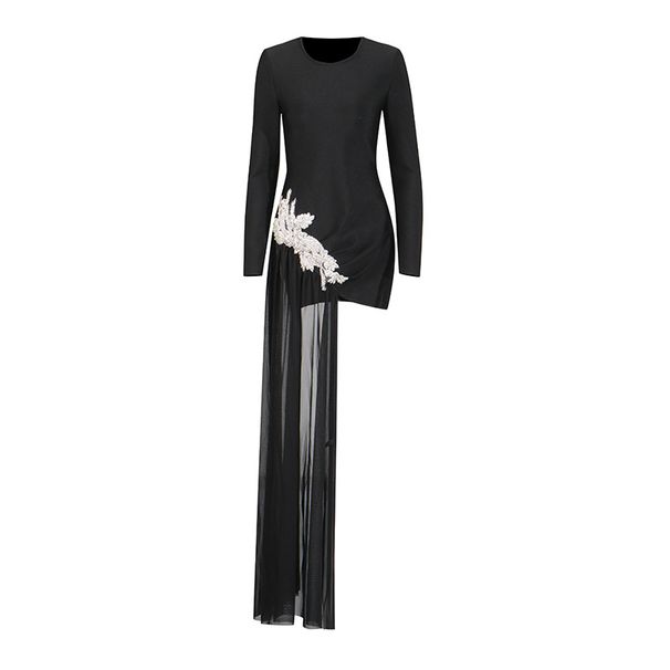 Women's Clothing Spring Round Neck Long Sleeve Black Diamond Flower Mopping Tassel Solid Color Dress_ecoleips.com