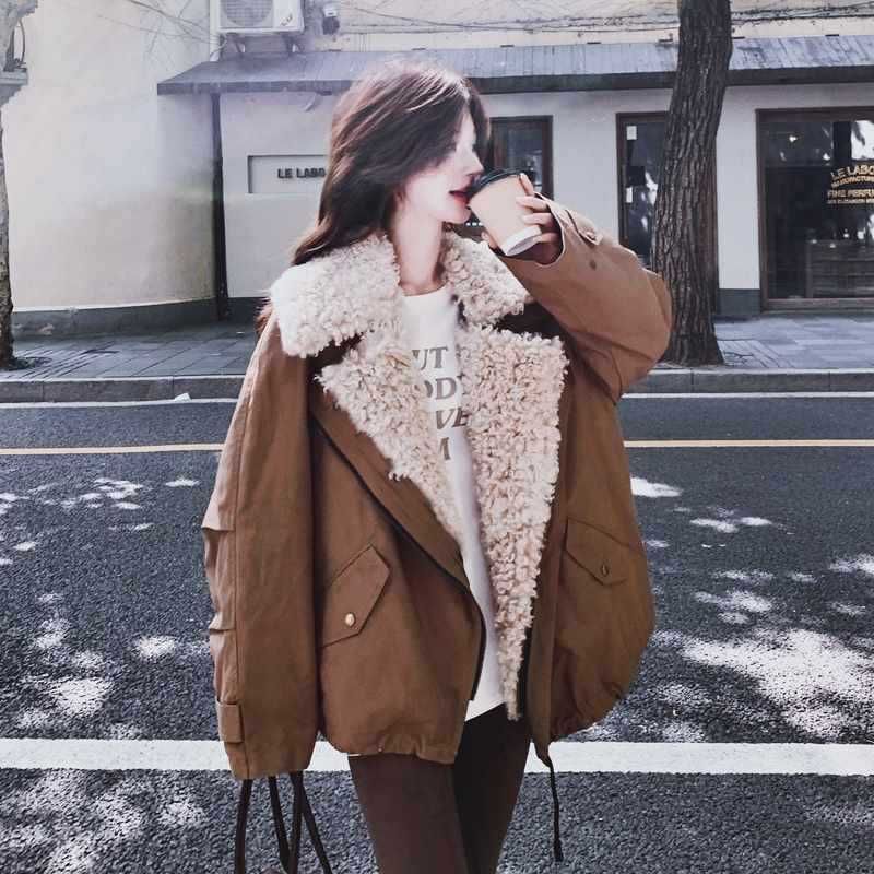 girl Girl 2025 New Korean Style Workwear Lamb Wool Large Lapel Parka Women, Loose Casual Thickened Fleece Jacket For Autumn And_ecoleips.com