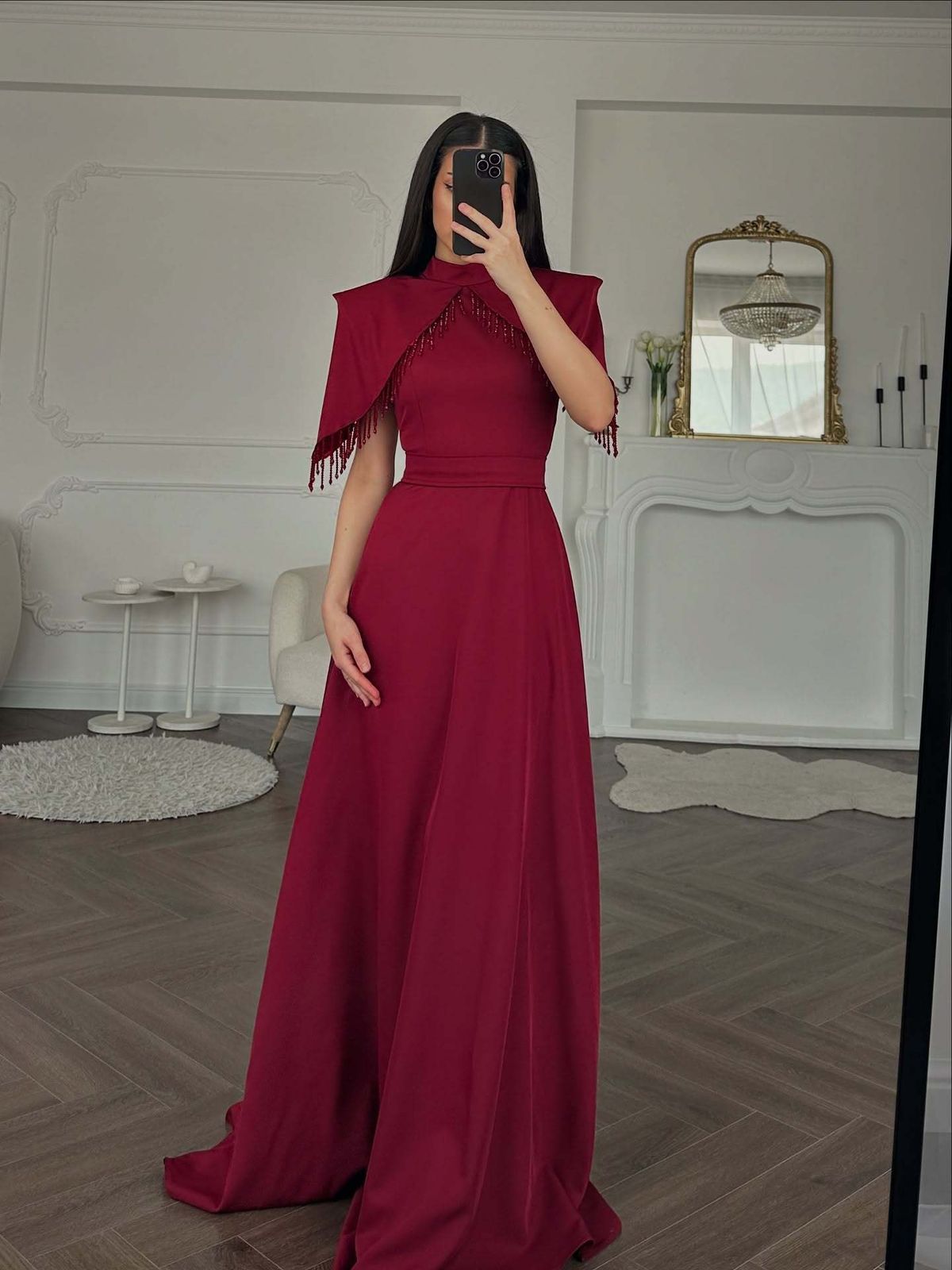 Elegant High Neck Beaded Ball Gown – Shawl Collar Evening Dress For Winter Parties & Galas_ecoleips.com