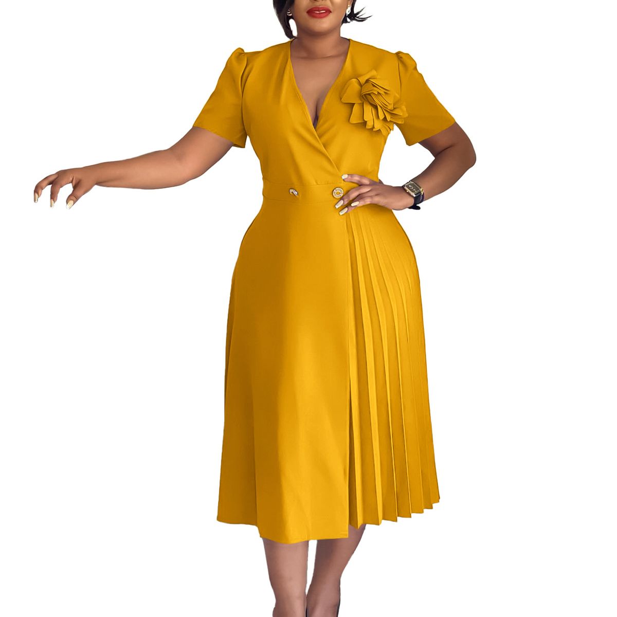 Women's Clothing Summer V-neck Fashion Short Sleeve Solid Color Flower Pleated Dress_ecoleips.com