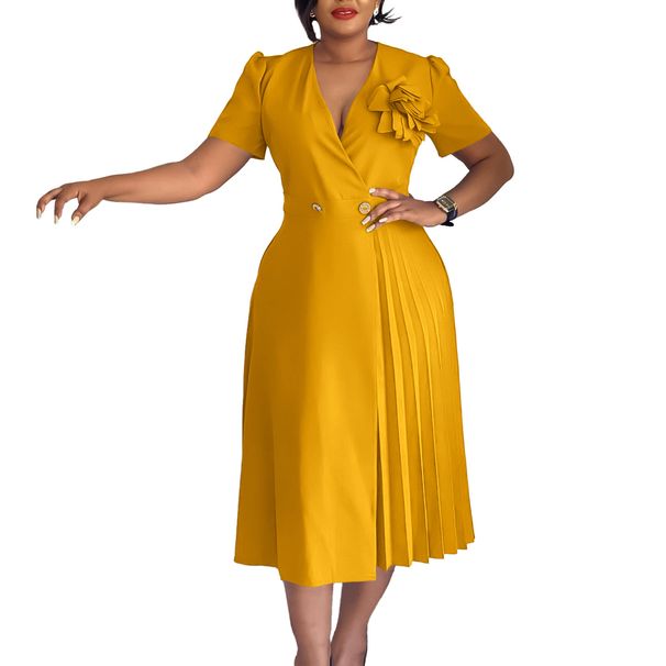 Women's Clothing Summer V-neck Fashion Short Sleeve Solid Color Flower Pleated Dress_ecoleips.com