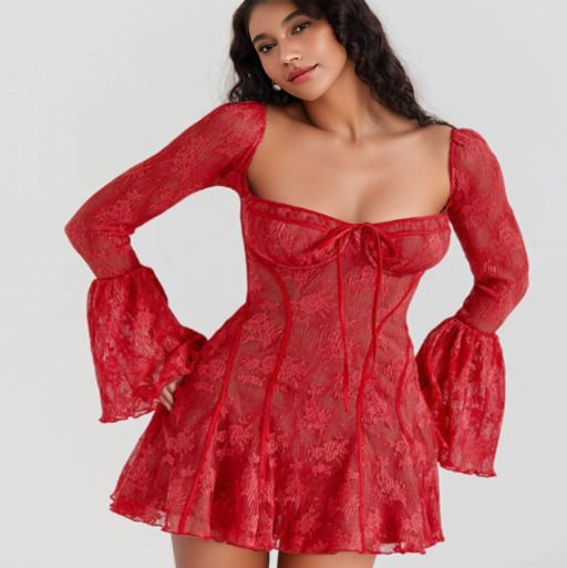 Women's Clothing Autumn new women's clothing Temperament and fashionable slim lace trumpet long sleeved strappy A hem dress for women_ecoleips.com