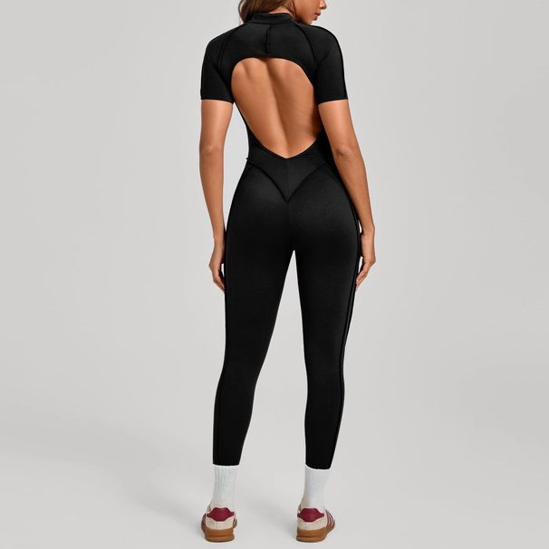K Stand Up Collar Half Zip Short Sleeved Jumpsuit For Women, Lifting Hips And Abdominal Muscles, Yoga Tight Fitting Sports Jumpsuit_ecoleips.com