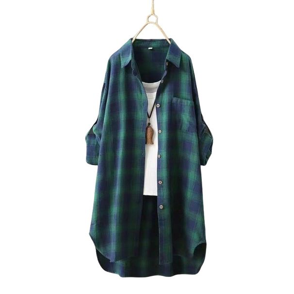 Women's Plaid Long-Sleeved Shirt Women's Retro Mid-Length Shirt Loose Blouson Spring And Autumn Shirt_ecoleips.com