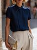 Women's French-Inspired Stand Collar Blouse Casual Work Shirt Short Sleeve Elegant Top_ecoleips.com