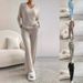 Women's Solid Color V-Neck Top & Straight Leg Trousers Ribbed Two Piece Set Casual Loose Fit Autumn Winter Outfit_ecoleips.com