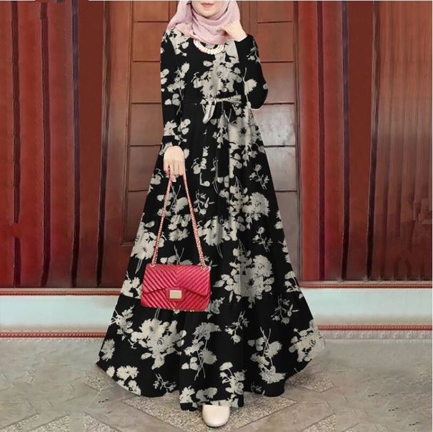 Bohemian Floral Print Maxi Dress With Adjustable Belt – Oversized Fit Long Sleeve Tunic For Women | Modest & Stylish In Black/Red/Green/White_ecoleips.com