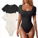 Elegant Ribbed Square Neck Sleeveless Jumpsuit For Women - Stretchy Polyester Bodysuit With Short Sleeves, High Waist & Slim Fit, Summer Casual Outfit_ecoleips.com