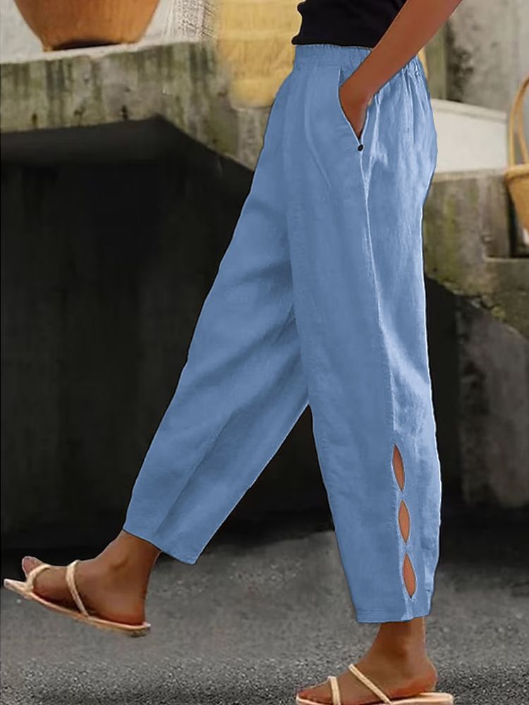 Suitable For All Seasons Spring And Autumn New Women's Cotton Linen Solid Color Fashion Casual Daily Side Pocket Hem Hollow Button Long Pants_ecoleips.com