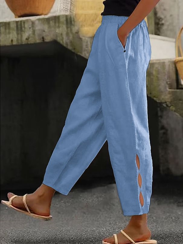 Suitable For All Seasons Spring And Autumn New Women's Cotton Linen Solid Color Fashion Casual Daily Side Pocket Hem Hollow Button Long Pants_ecoleips.com