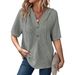 Women's Summer Waffle Knitted Short-Sleeved Top, Lightweight Drawstring Hoodie, Button-Down V-Neck Shirt_ecoleips.com