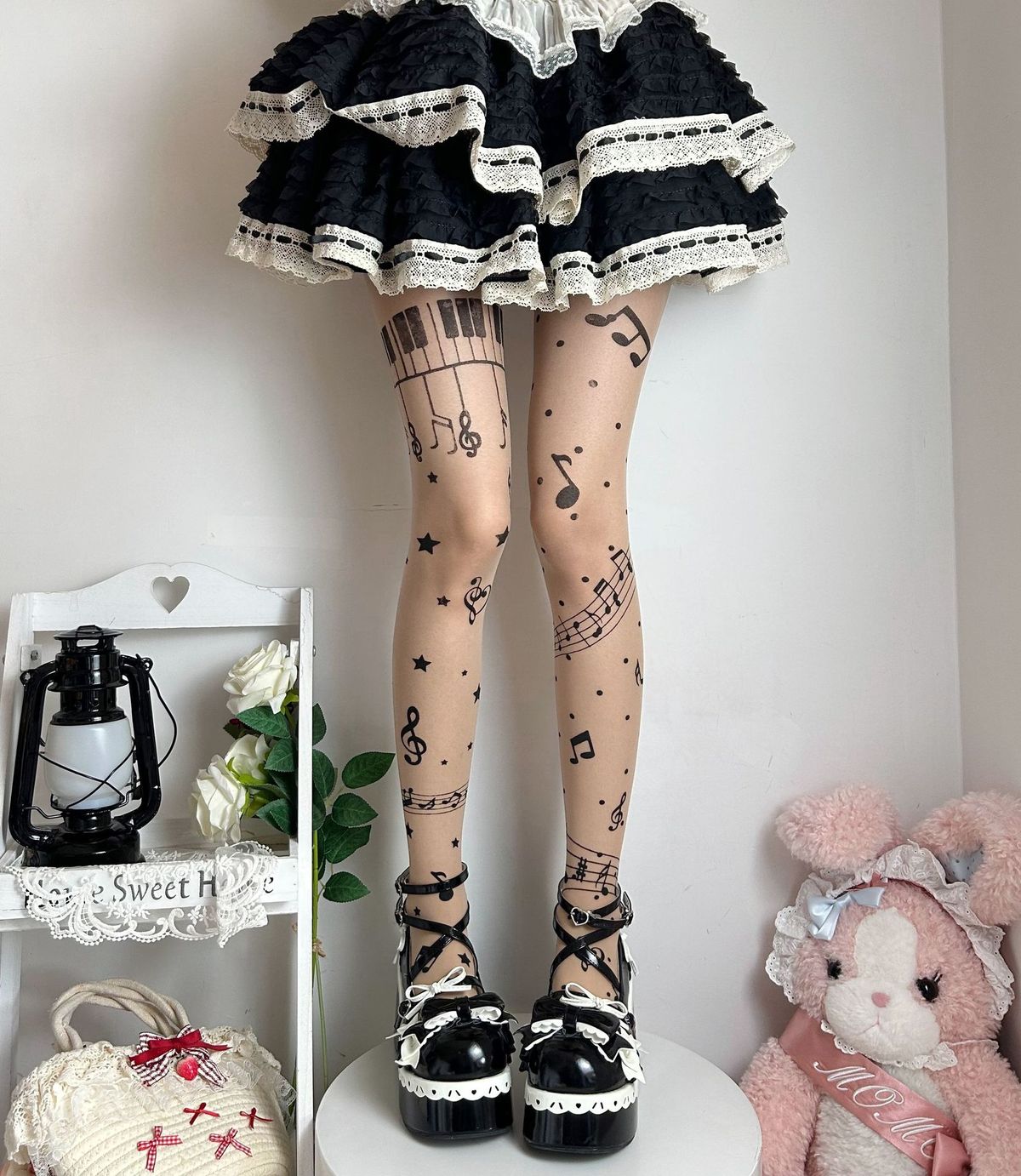 Unique Black Sweet Musical Note Women's Pantyhose, Thin Lolita Stockings, Wholesale Direct From Manufacturer_ecoleips.com