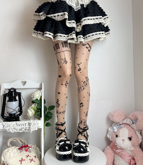 Unique Black Sweet Musical Note Women's Pantyhose, Thin Lolita Stockings, Wholesale Direct From Manufacturer_ecoleips.com