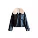 Women's Faux Fur Collar Short Leather Jacket With Removable Fleece Lining, Winter Warm Padded Coat, Fashionable Outerwear For Fall & Winter _ecoleips.com