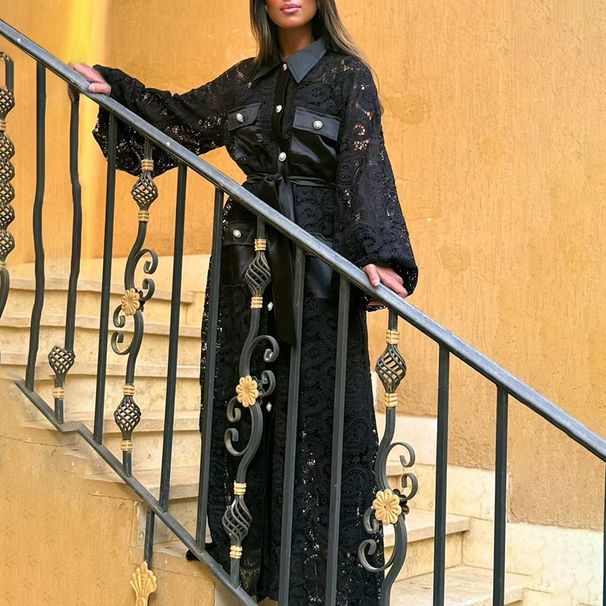 Women's V-Neck Long Dress with Pockets Patchwork Embroidery Hollow out High-End Feel Fashionable Casual Maxi Dress_ecoleips.com