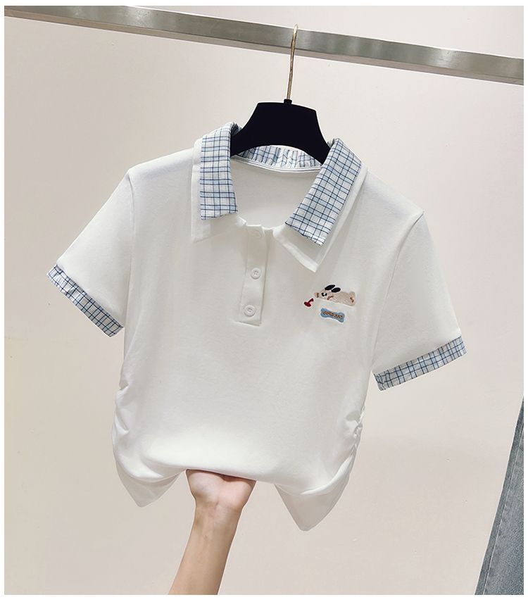Fashionable Preppy Style Women's Top And Jeans Set Short Sleeved Plaid Collared Embroidered Fashion Top Paired With Stretch Jeans_ecoleips.com