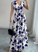 Short-sleeved Lace-up Dress, New Printed V-neck Long Dress, Summer Waist Women's Clothing_ecoleips.com