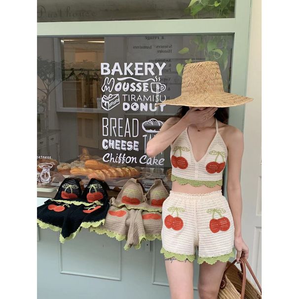 Summer Bohemian Knitted Cut-Out Crochet Striped V-Neck Bandeau Top + High-Waisted Shorts Two-Piece Set Trend_ecoleips.com
