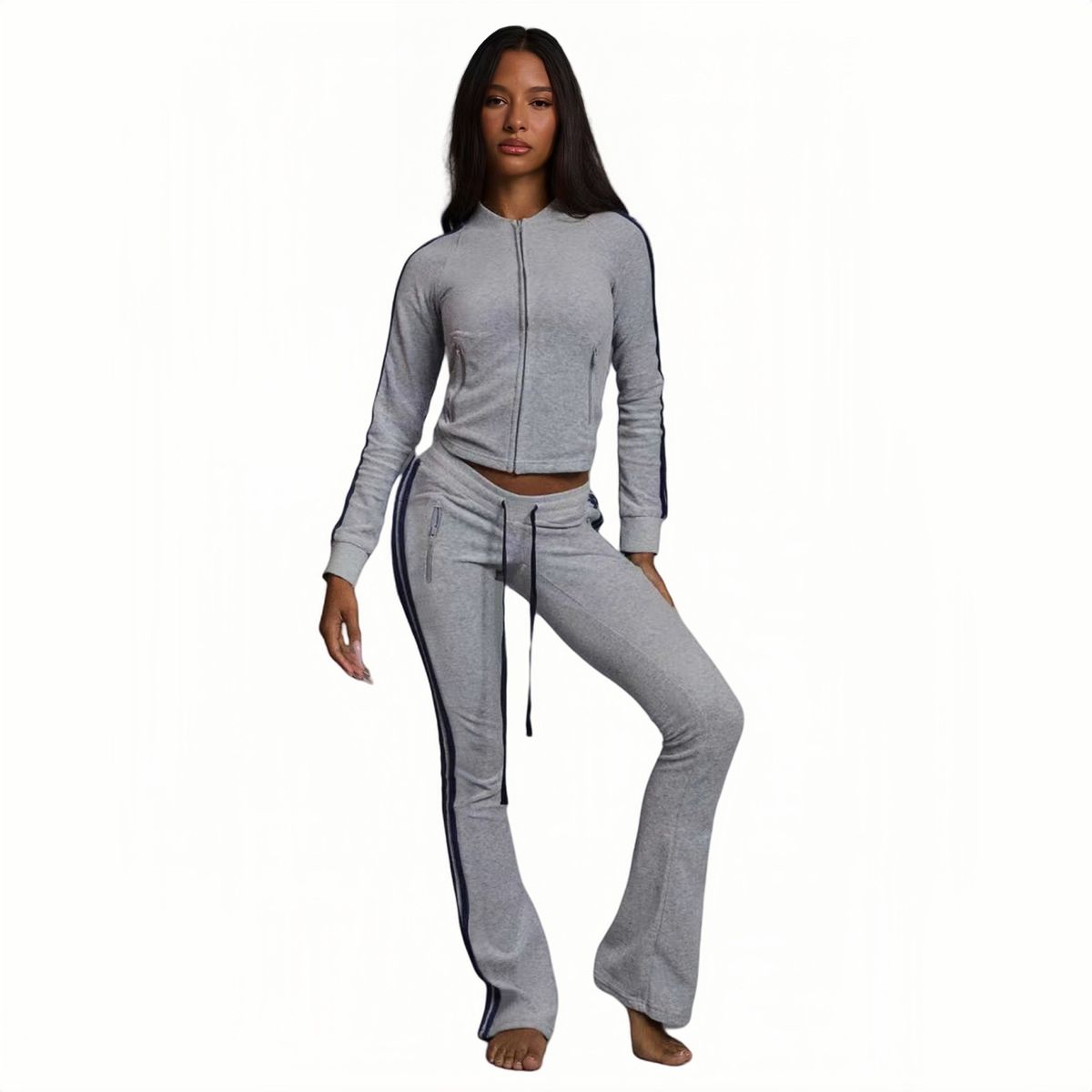 Women's Clothing Fashionable Casual Solid Color Striped Two Piece Set Solid Color Zip-Up Hoodie & Jogger Set – Trendy Streetwear Comfort_ecoleips.com