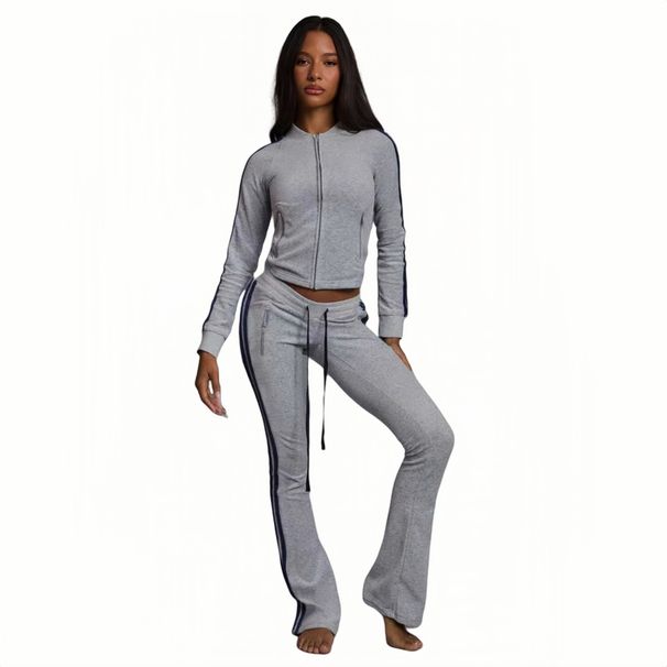 Women's Clothing Fashionable Casual Solid Color Striped Two Piece Set Solid Color Zip-Up Hoodie & Jogger Set – Trendy Streetwear Comfort_ecoleips.com