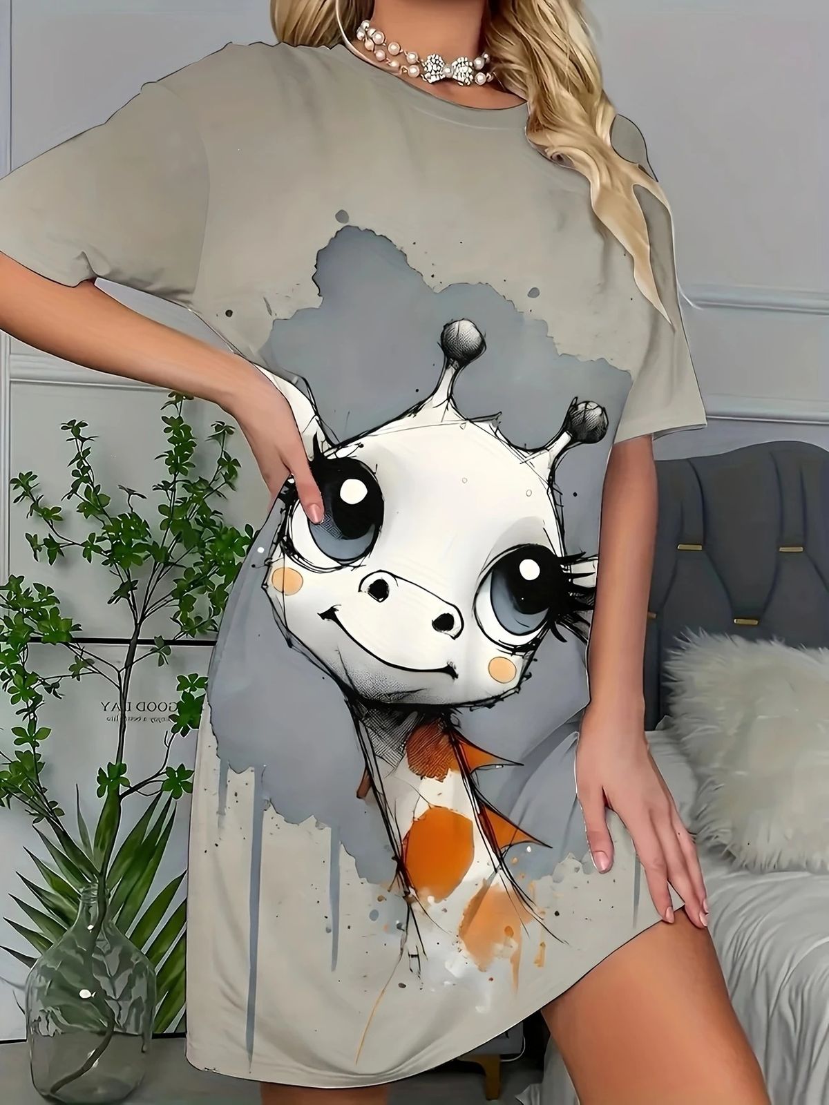 3d Print Short Sleeve Nightdress, Women's Casual Round Neck Sleepshirt Dress, Soft Milk Silk Lounge & Sleepwear_ecoleips.com