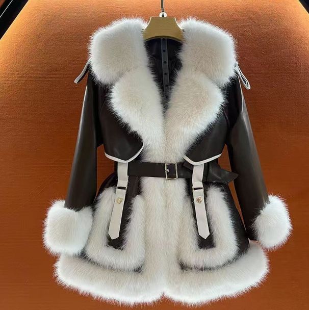 Luxury Fur Coat For Women – Mid-Length Plush Collar Wrap Coat (Off-White/Black, L-3XL)_ecoleips.com