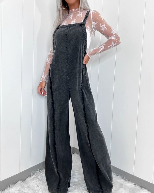 Women’s Clothing Spring New Loose Overalls Women Retro Washed Raw Edge Wide Leg Jumpsuit_ecoleips.com