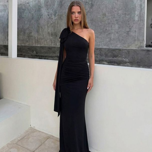 European And American Best-Selling Women's Clothing 2026 Spring New Fashion One-Shoulder Strap Pleated Slim-Fit Solid_ecoleips.com