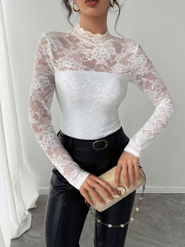 Women's Slim Fit Long Sleeved Top Lace Trimmed Back Zipper Style Autumn Winter New_ecoleips.com