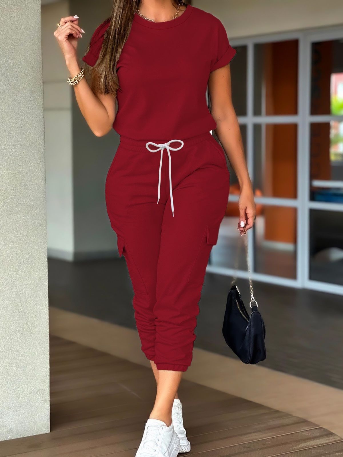 Women's Cargo Jogger Pants & Solid Top 2-Piece Set, Casual Streetwear Outfit For Summer Breathable Summer Wear_ecoleips.com