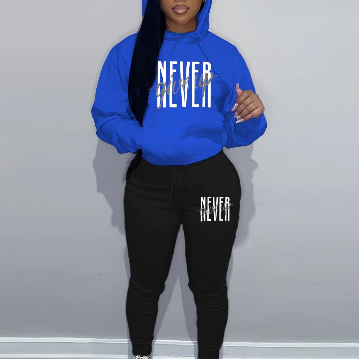 Women's Casual Street Dance Hooded Sweatshirt Autumn Winter Fashion Warm Never Give up Letter Print Sports Set_ecoleips.com