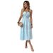 Women's Clothing Summer Vacation Style Striped Suspender Dress Square Neck Tie Sleeveless Long Dress_ecoleips.com