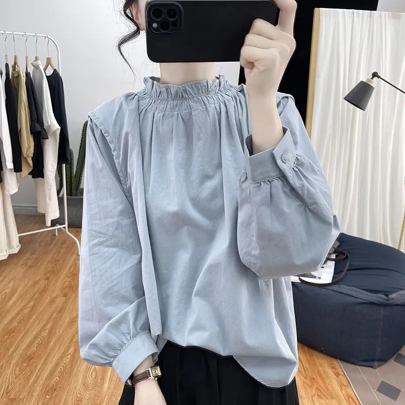Spring And Summer Lotus Collar Lantern Sleeve Cotton And Linen Long-Sleeved Women's Age-Reducing Top Vintage Pullover Lo_ecoleips.com