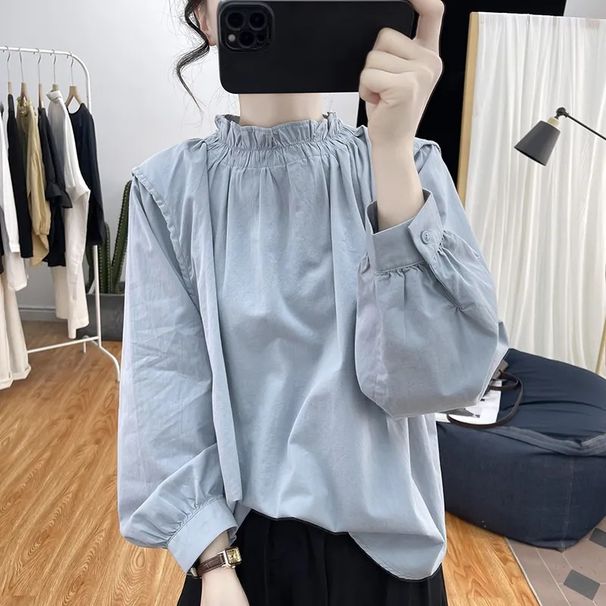 Spring And Summer Lotus Collar Lantern Sleeve Cotton And Linen Long-Sleeved Women's Age-Reducing Top Vintage Pullover Lo_ecoleips.com