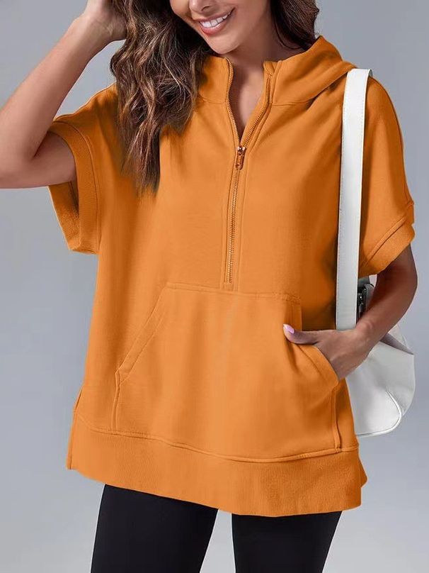 Women's Clothing Solid Color Casual Short Sleeved Hooded Sweatshirt_ecoleips.com