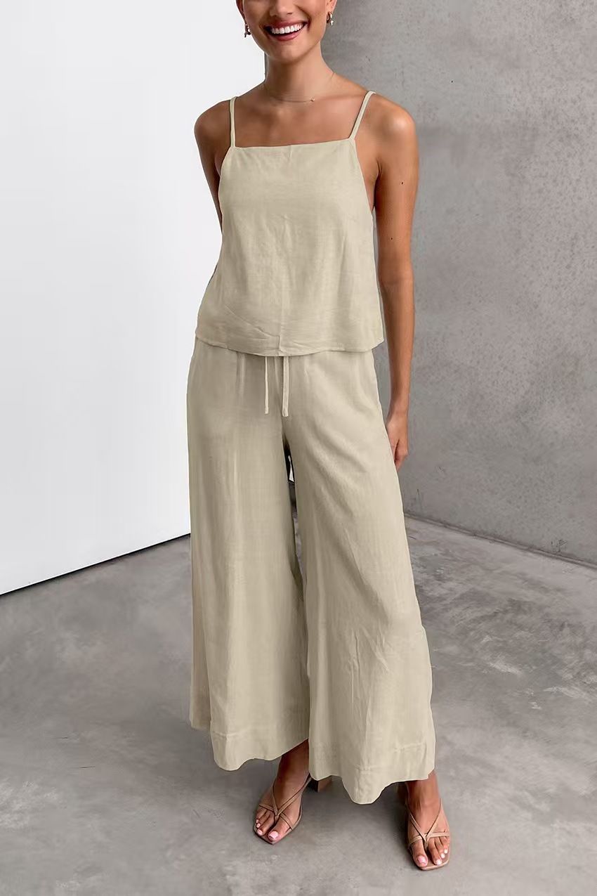 European And American 2025 Summer Cotton And Linen Cool Suspender Trousers Loose Casual Comfortable Two Piece Set_ecoleips.com
