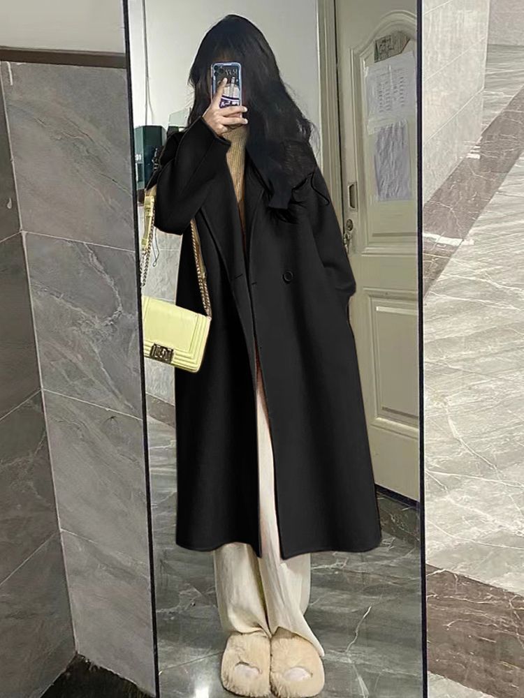 Elegant Double-Faced Wool Coat For Women - Long Loose Fit Trench Coat With Polo Collar, Spring Winter Fashion Outerwear (Beige, Black)_ecoleips.com
