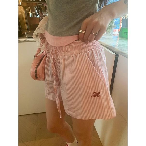 Original Striped Fabric Vertical Stripes Drawstring Letter Embroidery Wide Leg Shorts Women Summer Loose Slim Casual Pants_ecoleips.com