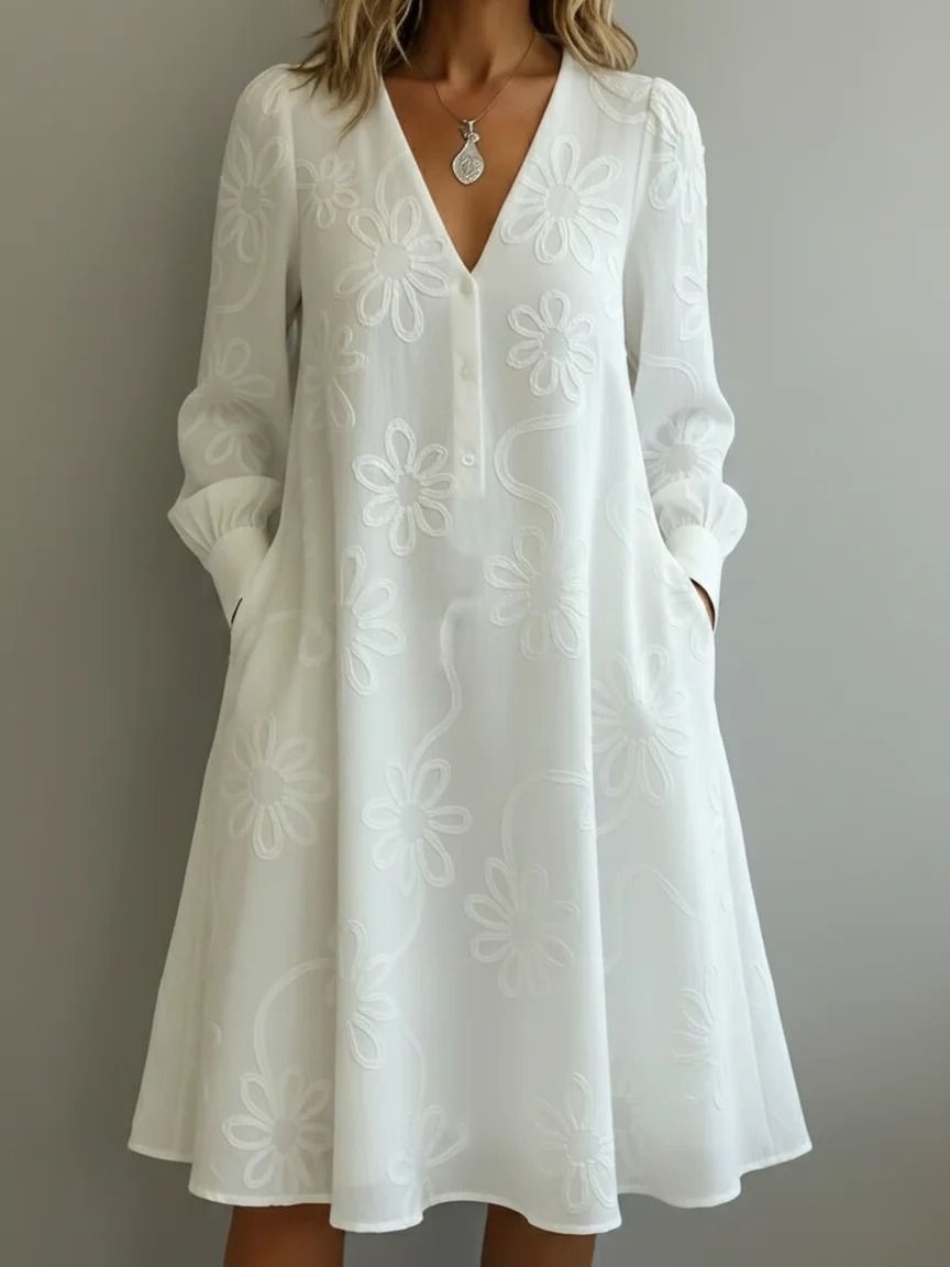 European And American Women's Retro Elegant V Neck Floral Embroidery Long Sleeved Dress 2026_ecoleips.com