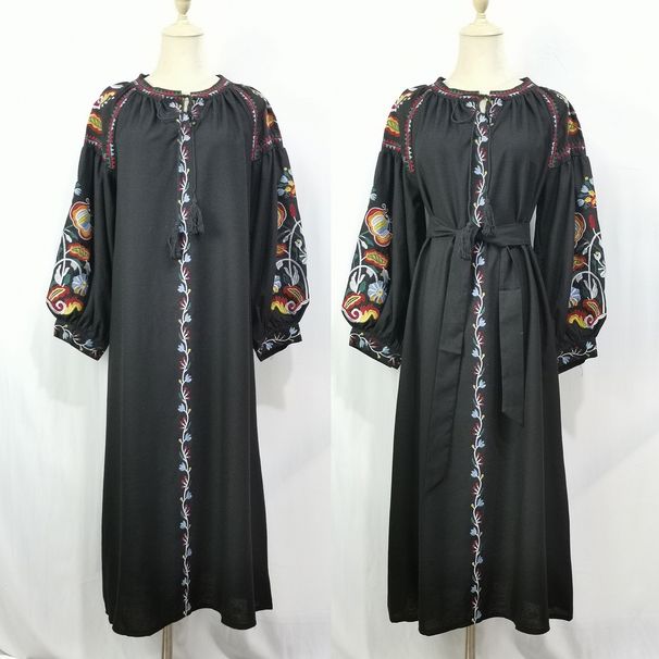 Women's Clothing Women's Embroidered Tassel Lantern Sleeve Cotton Linen Dress Southeast Asian Muslim Fashion_ecoleips.com
