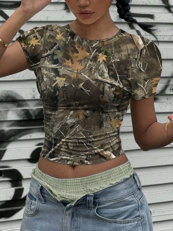 Women's Clothing Retro Camouflage Branch Pattern Minimalist Casual Round Neck Short Sleeved T Shirt_ecoleips.com