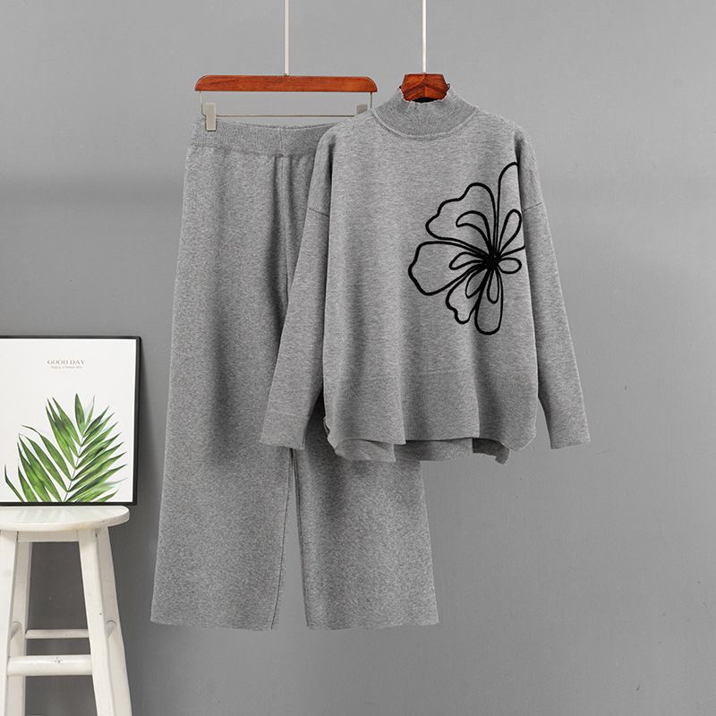 Elegant Women's Knitted Suit Long Sleeved Floral Sweater And Casual Wide Leg Pants Two Piece Set Fashionable Autumn Winter Outfit_ecoleips.com