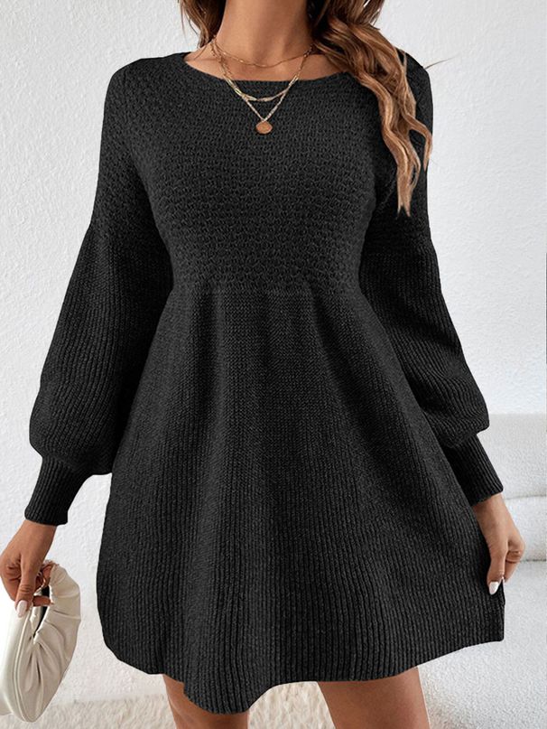 Elegant Knit Sweater Dress With Lantern Sleeves & A-Line Hem - Soft Polyester Blend For Women (Available In Black/Khaki, Sizes S-XL)_ecoleips.com