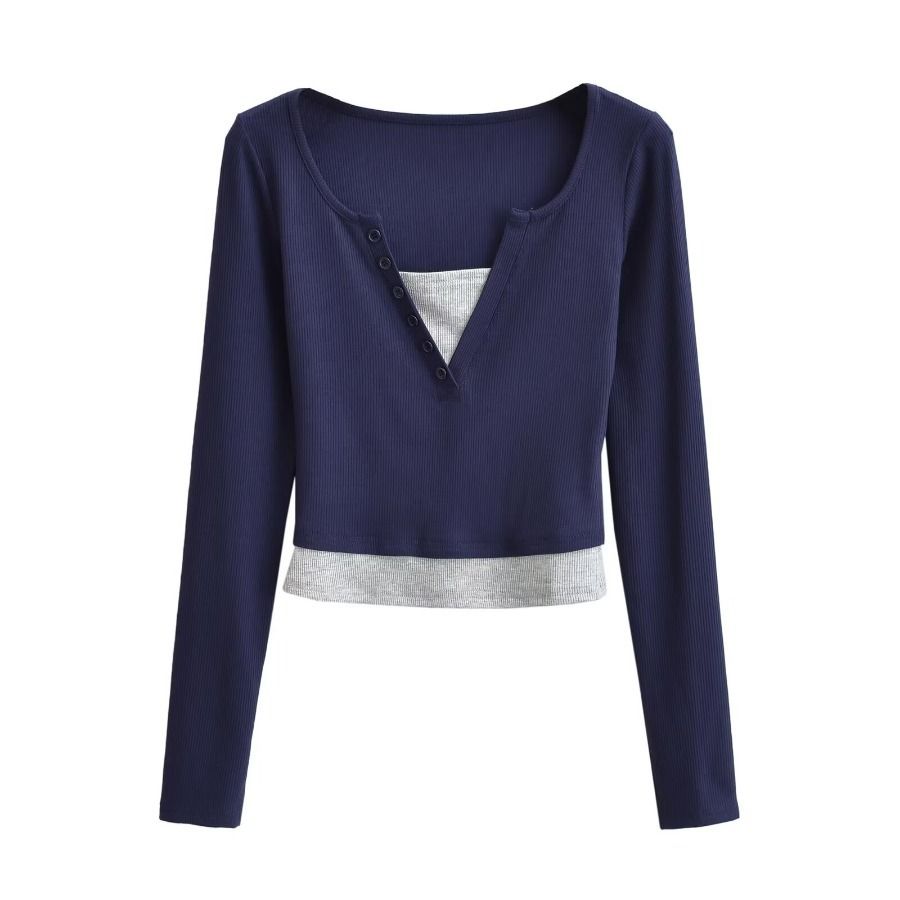 2025 Spring New Hoodie Two Piece Color Blocked Long Sleeve V-neck Slim Short Women's T-shirt Top_ecoleips.com