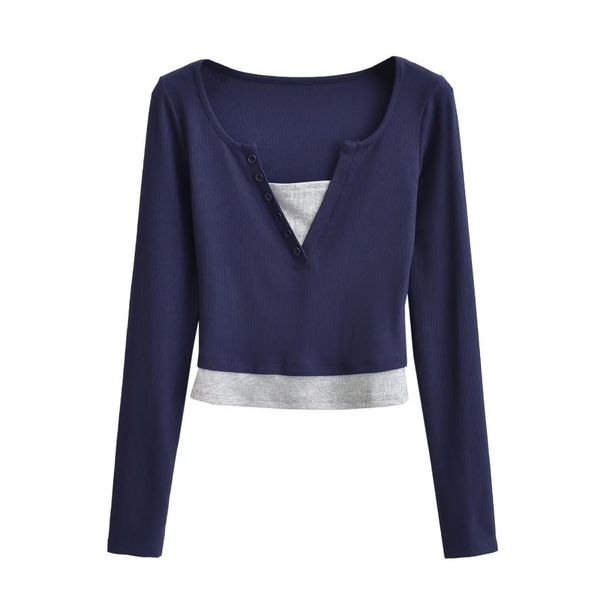 2025 Spring New Hoodie Two Piece Color Blocked Long Sleeve V-neck Slim Short Women's T-shirt Top_ecoleips.com