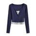 2025 Spring New Hoodie Two Piece Color Blocked Long Sleeve V-neck Slim Short Women's T-shirt Top_ecoleips.com