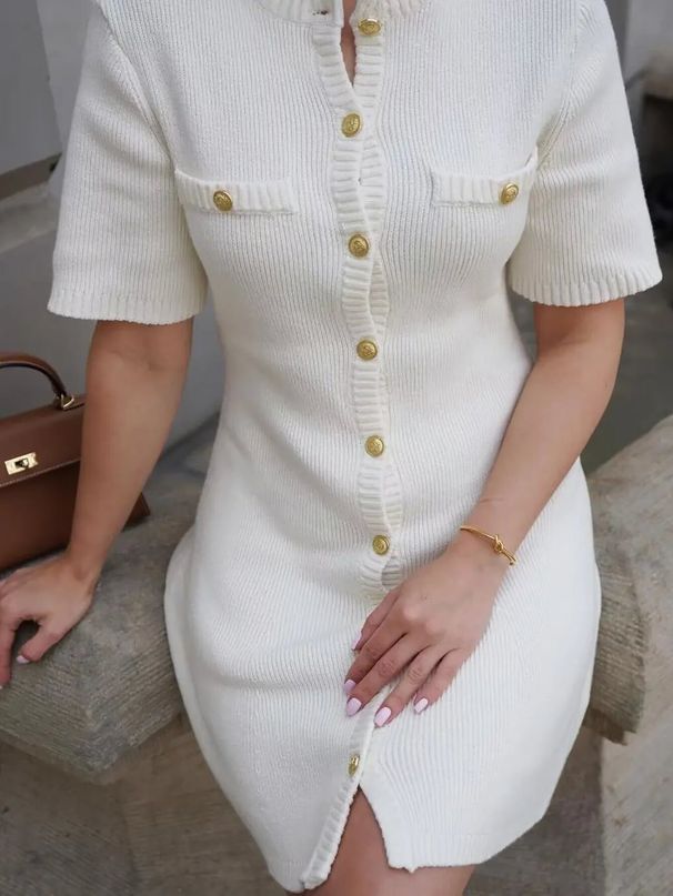 Women's Clothing Autumn And Winter Fashion Round Neck Slim Fit Dress Button Solid Color Fake Pocket A Line Knitted Skirt_ecoleips.com