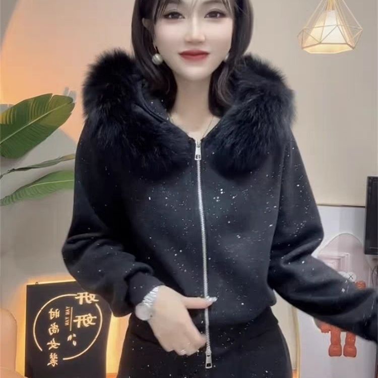 Women's Fleece Lined Thickened Two Piece Set Casual Fashionable Autumn Winter Hooded Sweatshirt Wide Leg Pants Heavy Duty Sequined_ecoleips.com