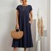 Women's Clothing Style Solid Color Cotton Linen Dress Round Neck Short Sleeved Loose Fit Pockets Ruched Details_ecoleips.com