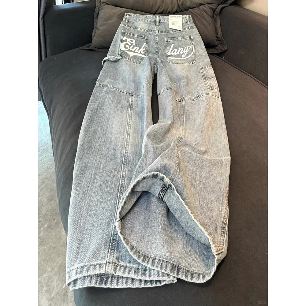 Women's High-Waisted Retro Wide-Leg Jeans – Vintage Letter Print & Comfort Fit (S-XL, Light Blue)_ecoleips.com